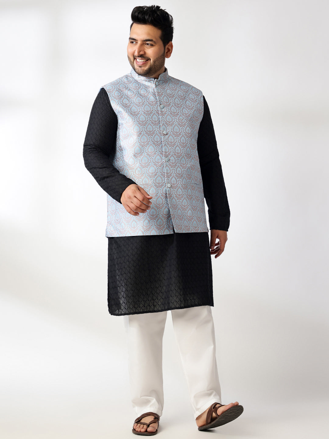 Men's Cotton Black Chikankari Kurta With White Pyjama & Blue Nehru Jacket