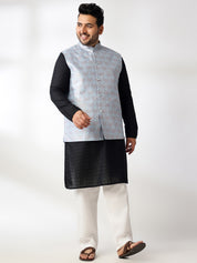 Men's Cotton Black Chikankari Kurta With White Pyjama & Blue Nehru Jacket