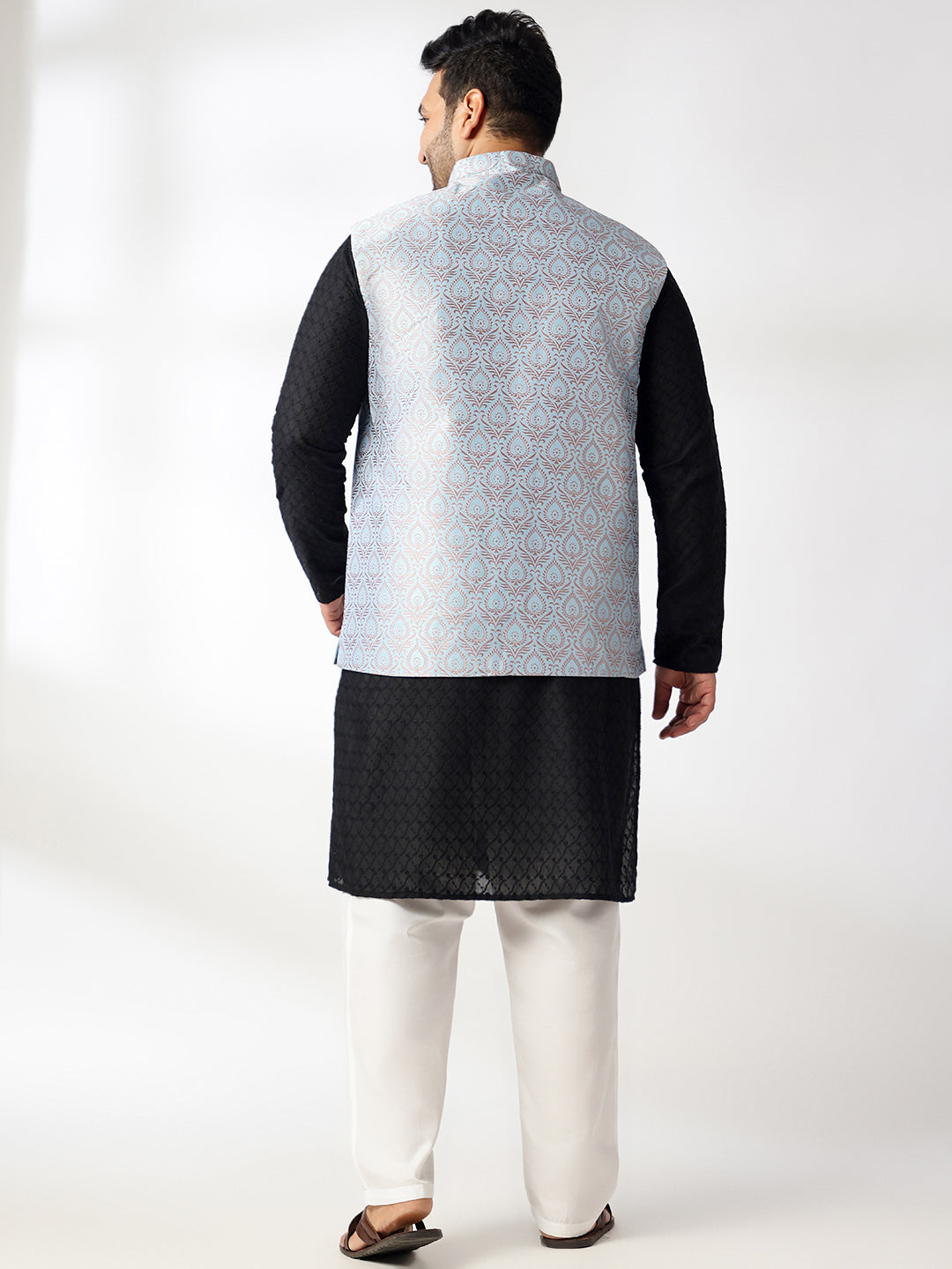 Men's Cotton Black Chikankari Kurta With White Pyjama & Blue Nehru Jacket