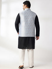 Men's Cotton Black Chikankari Kurta With White Pyjama & Blue Nehru Jacket