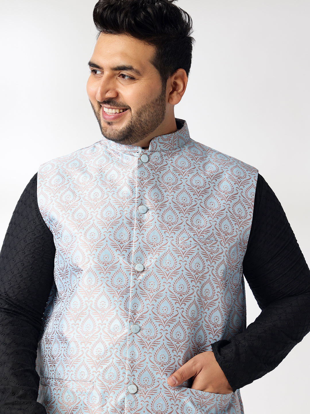 Men's Cotton Black Chikankari Kurta With White Pyjama & Blue Nehru Jacket