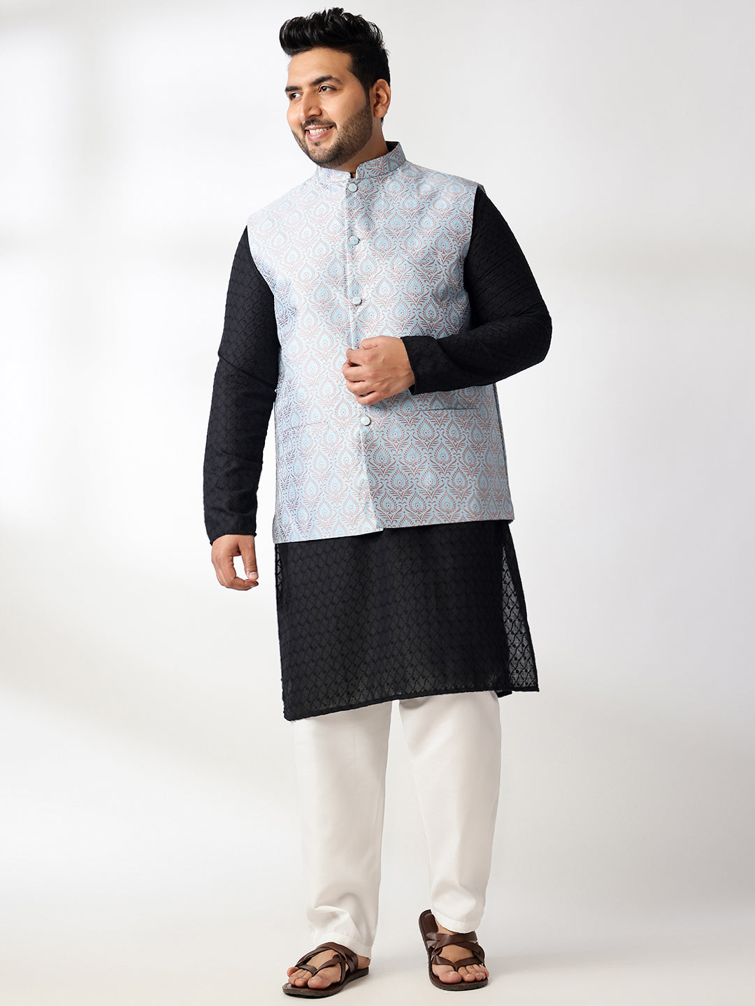 Men's Cotton Black Chikankari Kurta With White Pyjama & Blue Nehru Jacket