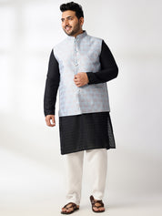 Men's Cotton Black Chikankari Kurta With White Pyjama & Blue Nehru Jacket