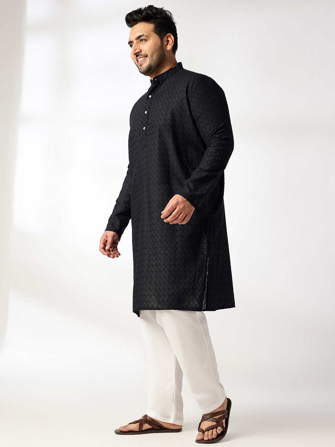 Men's Cotton Black Chikankari Kurta With White Pyjama & Blue Nehru Jacket