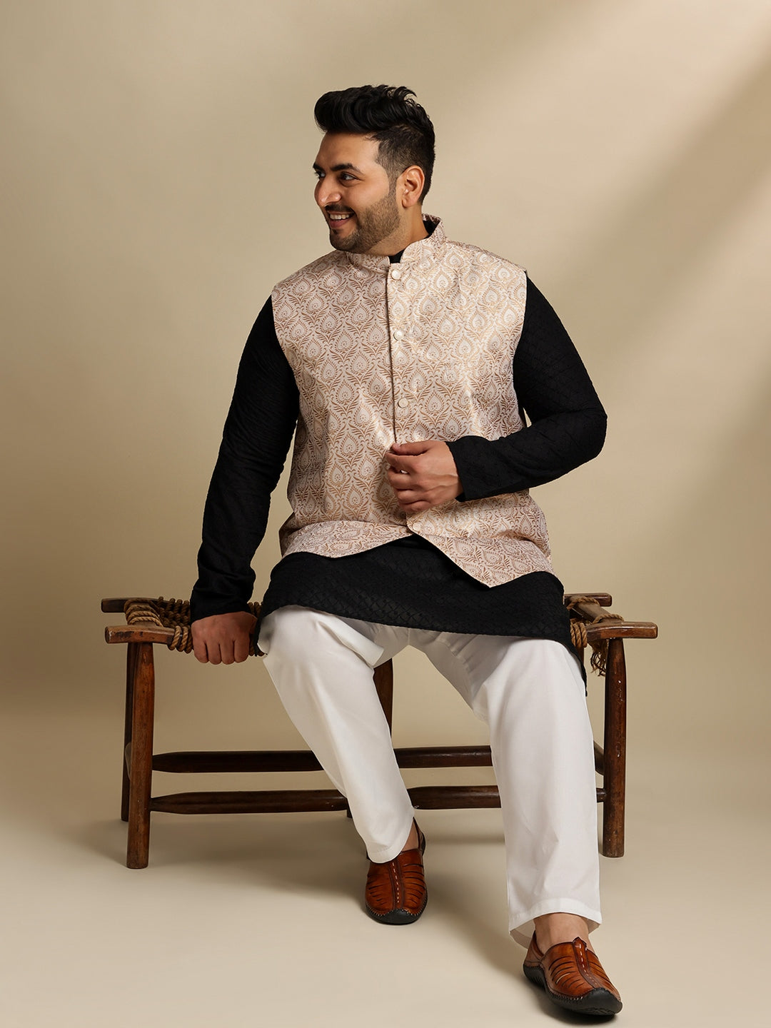Sojanya Plus (Since 1958) Men's Cotton Black Chikankari Kurta With White Pyjama & Cream Nehru Jacket