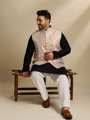 Sojanya Plus (Since 1958) Men's Cotton Black Chikankari Kurta With White Pyjama & Cream Nehru Jacket