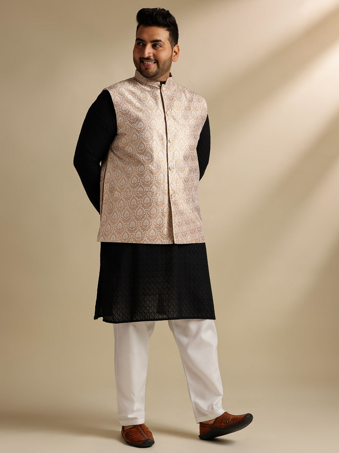 Sojanya Plus (Since 1958) Men's Cotton Black Chikankari Kurta With White Pyjama & Cream Nehru Jacket