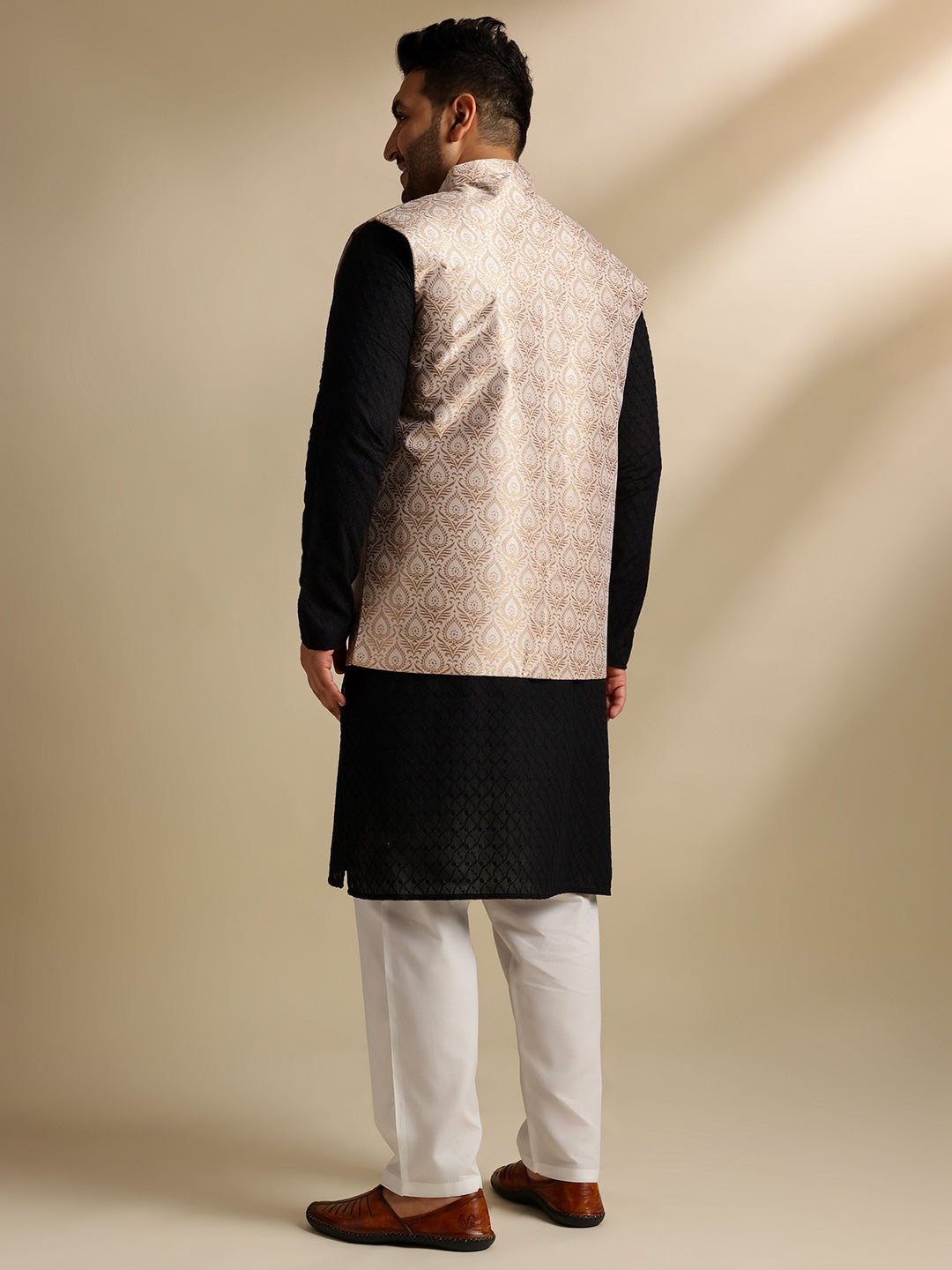 Sojanya Plus (Since 1958) Men's Cotton Black Chikankari Kurta With White Pyjama & Cream Nehru Jacket