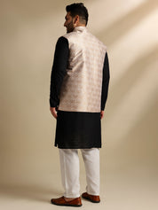 Sojanya Plus (Since 1958) Men's Cotton Black Chikankari Kurta With White Pyjama & Cream Nehru Jacket