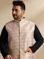Sojanya Plus (Since 1958) Men's Cotton Black Chikankari Kurta With White Pyjama & Cream Nehru Jacket