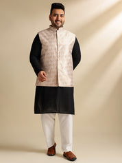 Sojanya Plus (Since 1958) Men's Cotton Black Chikankari Kurta With White Pyjama & Cream Nehru Jacket