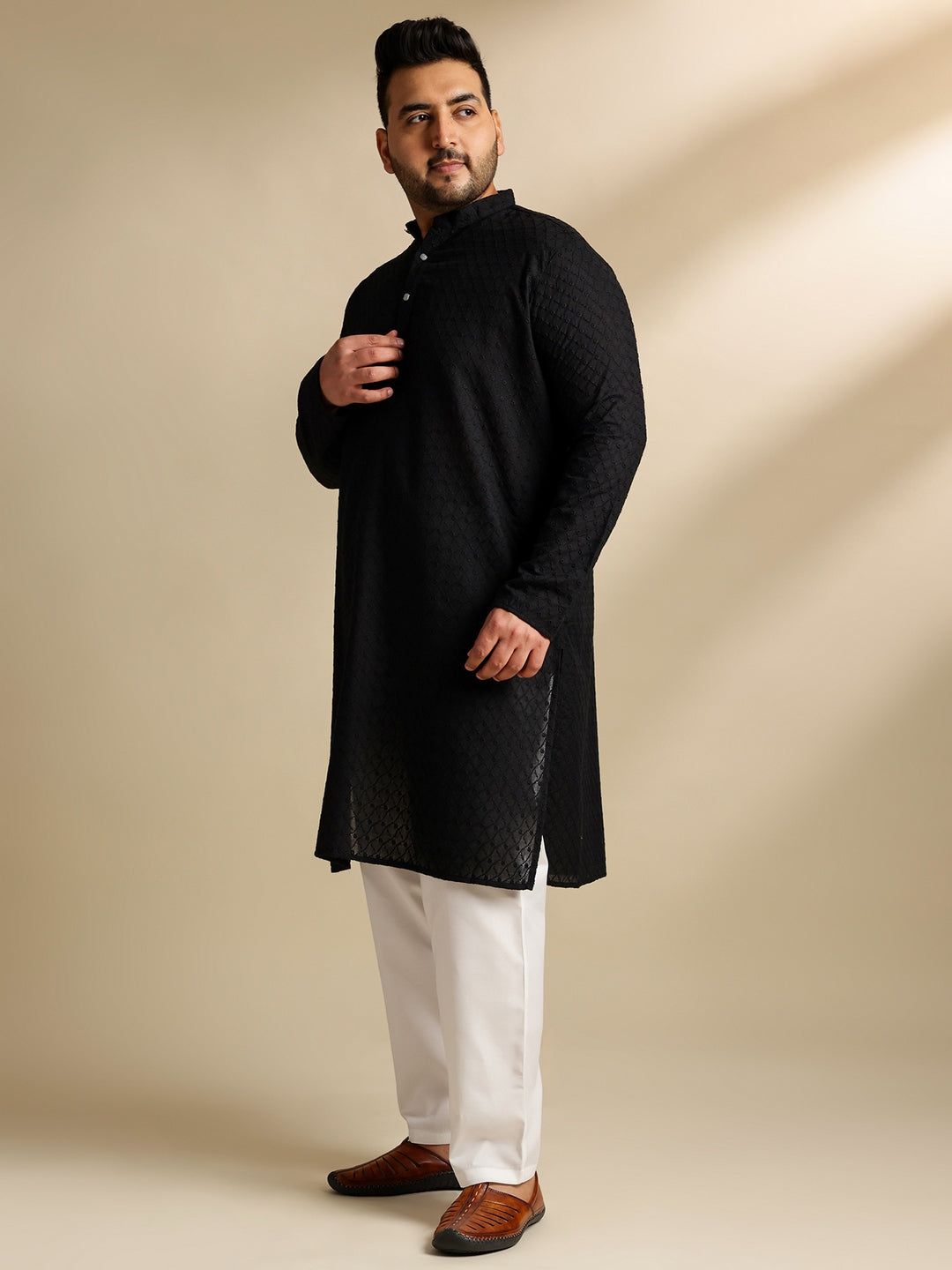 Sojanya Plus (Since 1958) Men's Cotton Black Chikankari Kurta With White Pyjama & Cream Nehru Jacket