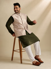 Sojanya Plus (Since 1958) Men's Cotton Olive Chikankari Kurta With White Pyjama & Cream Nehru Jacket
