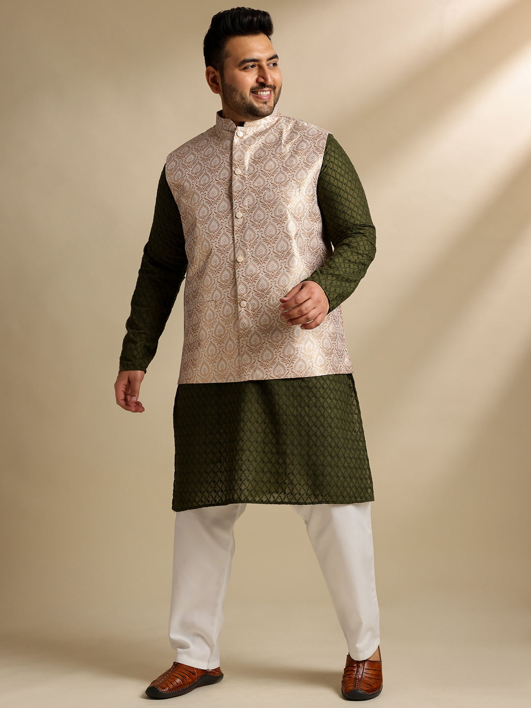 Sojanya Plus (Since 1958) Men's Cotton Olive Chikankari Kurta With White Pyjama & Cream Nehru Jacket