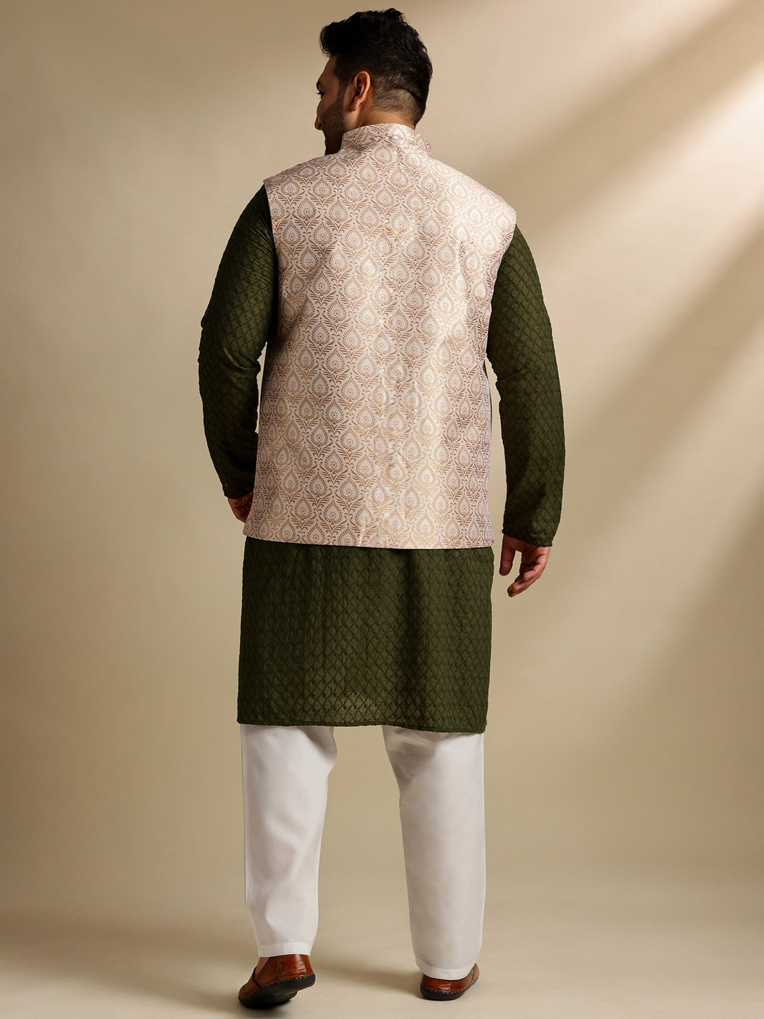 Sojanya Plus (Since 1958) Men's Cotton Olive Chikankari Kurta With White Pyjama & Cream Nehru Jacket