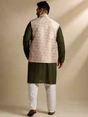 Sojanya Plus (Since 1958) Men's Cotton Olive Chikankari Kurta With White Pyjama & Cream Nehru Jacket