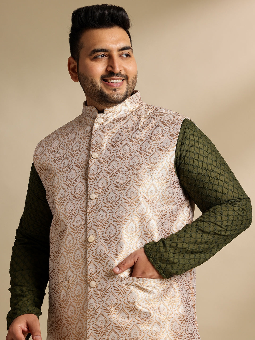 Sojanya Plus (Since 1958) Men's Cotton Olive Chikankari Kurta With White Pyjama & Cream Nehru Jacket
