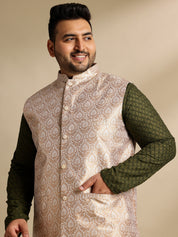 Sojanya Plus (Since 1958) Men's Cotton Olive Chikankari Kurta With White Pyjama & Cream Nehru Jacket