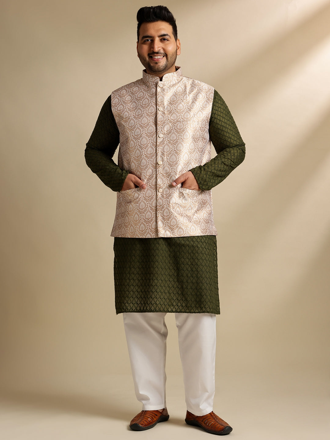 Sojanya Plus (Since 1958) Men's Cotton Olive Chikankari Kurta With White Pyjama & Cream Nehru Jacket
