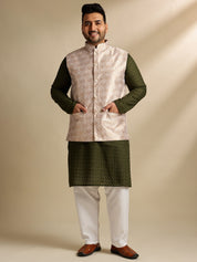Sojanya Plus (Since 1958) Men's Cotton Olive Chikankari Kurta With White Pyjama & Cream Nehru Jacket
