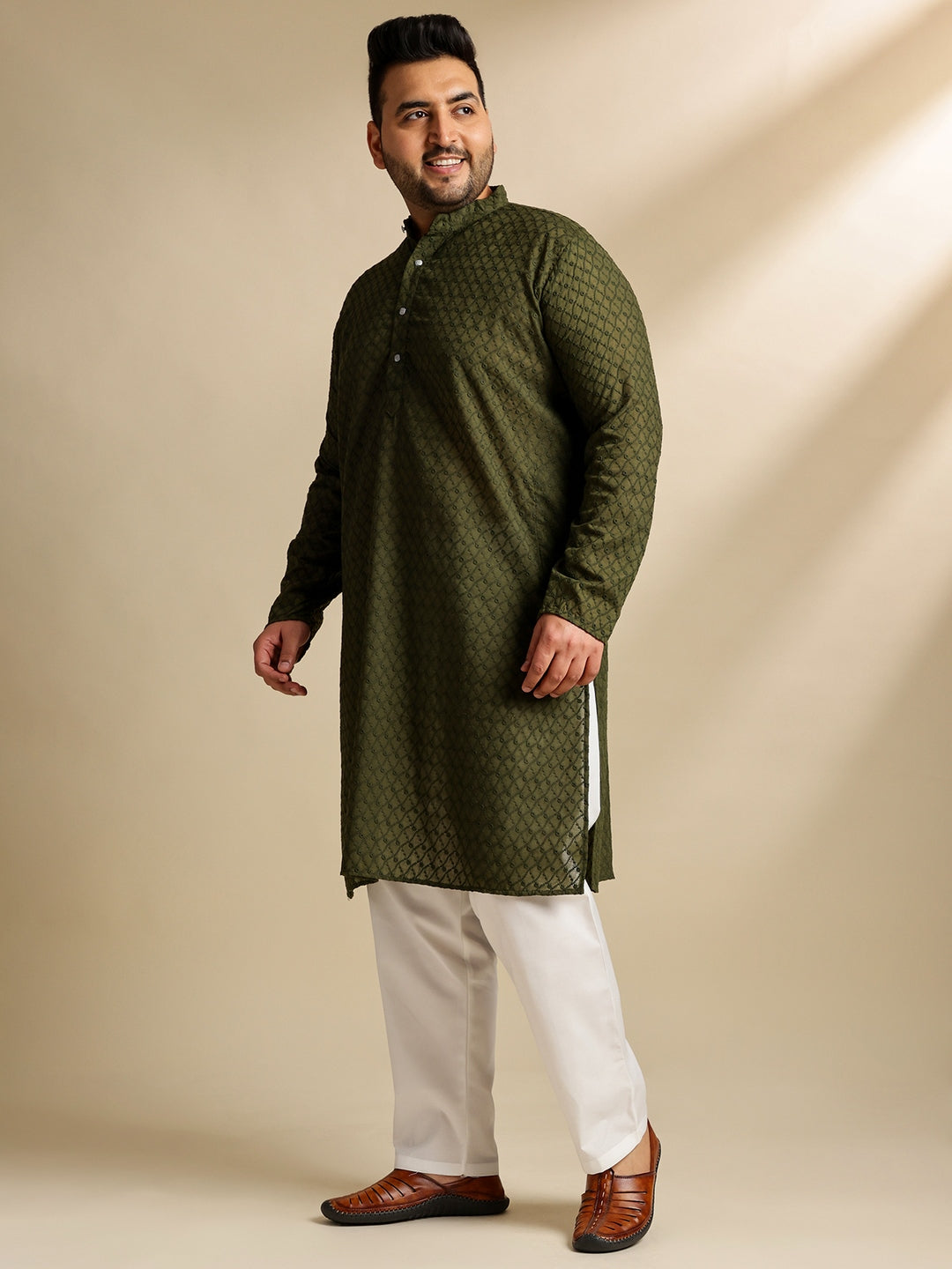 Sojanya Plus (Since 1958) Men's Cotton Olive Chikankari Kurta With White Pyjama & Cream Nehru Jacket
