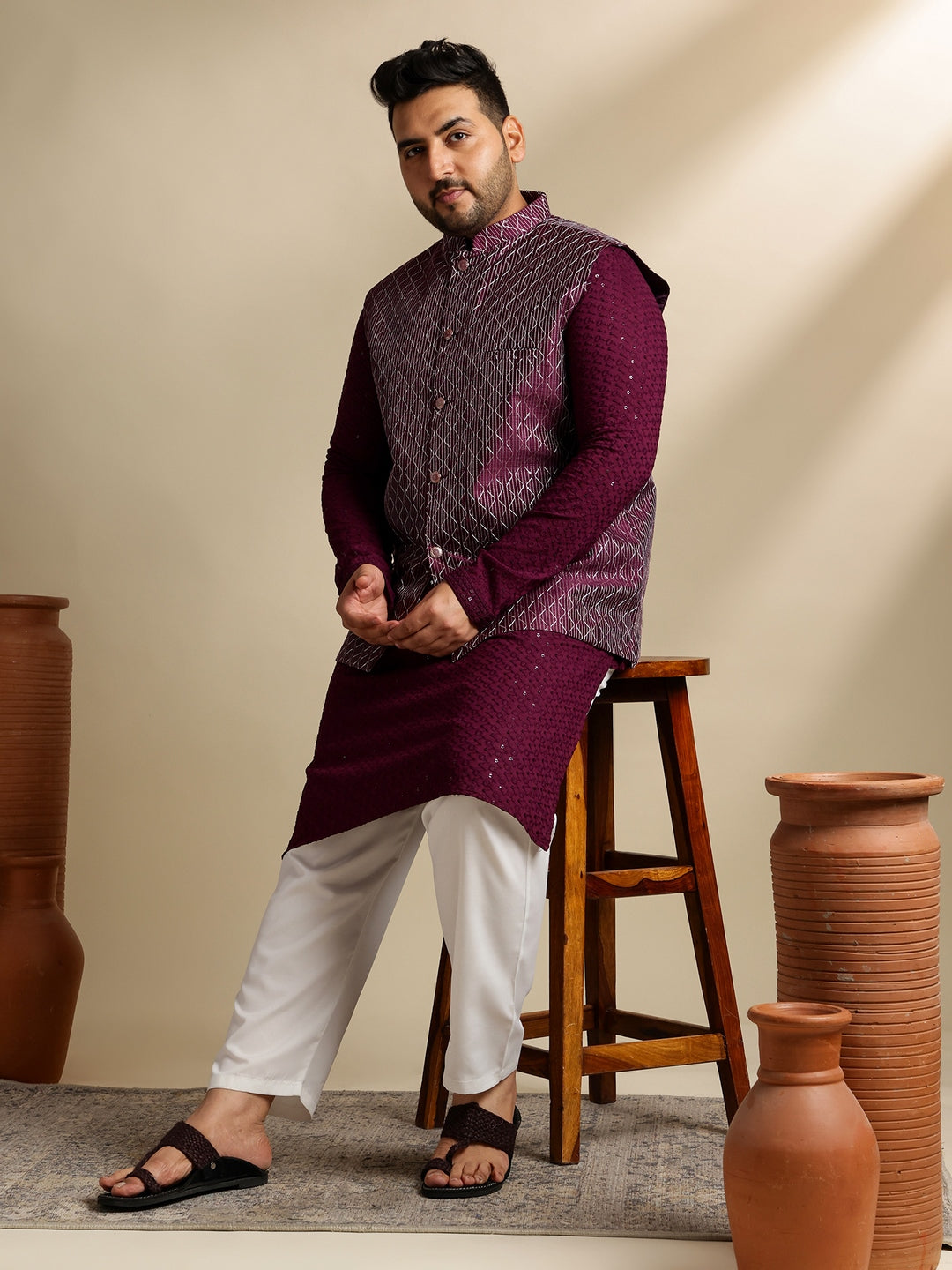 Sojanya Plus (Since 1958) Men's Cotton Embroidered Wine Kurta With White Pyjama & Wine Nehru Jacket