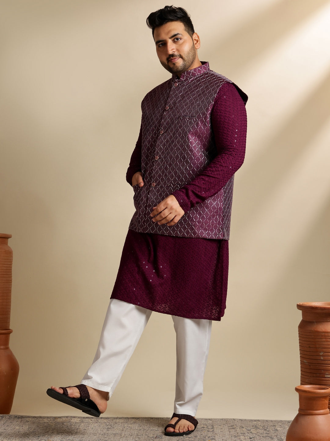 Sojanya Plus (Since 1958) Men's Cotton Embroidered Wine Kurta With White Pyjama & Wine Nehru Jacket