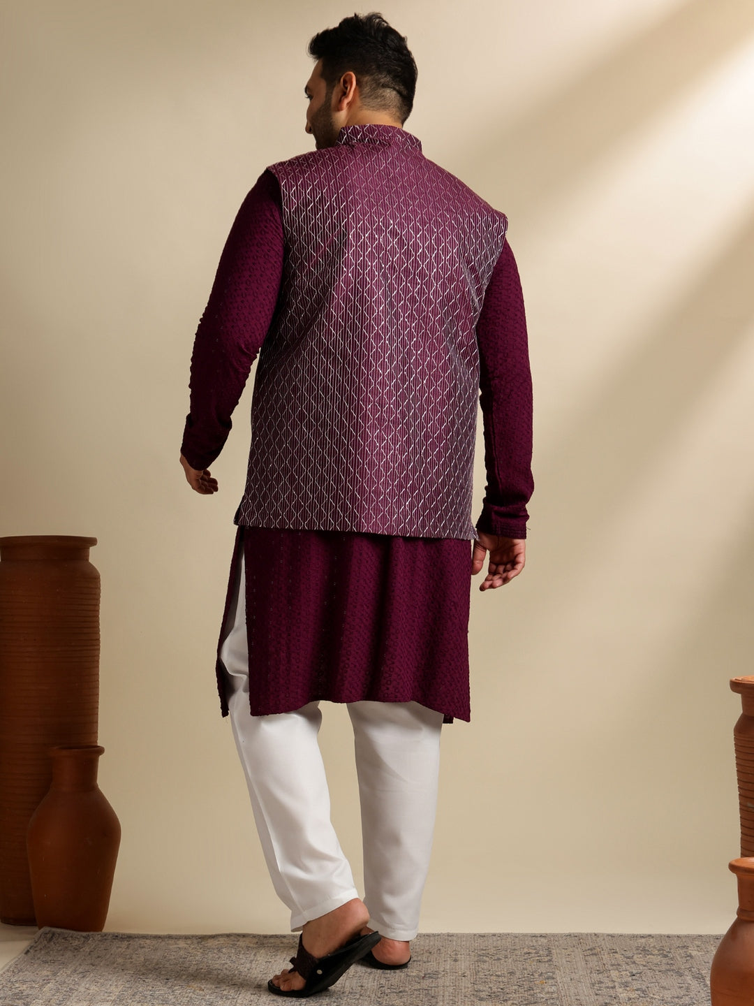 Sojanya Plus (Since 1958) Men's Cotton Embroidered Wine Kurta With White Pyjama & Wine Nehru Jacket