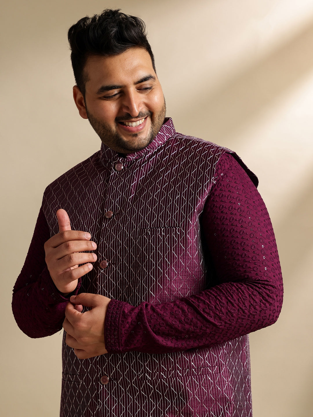 Sojanya Plus (Since 1958) Men's Cotton Embroidered Wine Kurta With White Pyjama & Wine Nehru Jacket