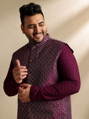 Sojanya Plus (Since 1958) Men's Cotton Embroidered Wine Kurta With White Pyjama & Wine Nehru Jacket