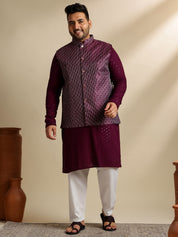 Sojanya Plus (Since 1958) Men's Cotton Embroidered Wine Kurta With White Pyjama & Wine Nehru Jacket