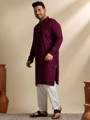 Sojanya Plus (Since 1958) Men's Cotton Embroidered Wine Kurta With White Pyjama & Wine Nehru Jacket
