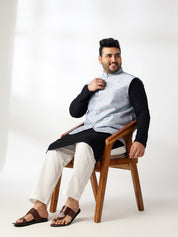 Men's Cotton Sequinned Black Kurta With White Pyjama & Blue Nehru Jacket