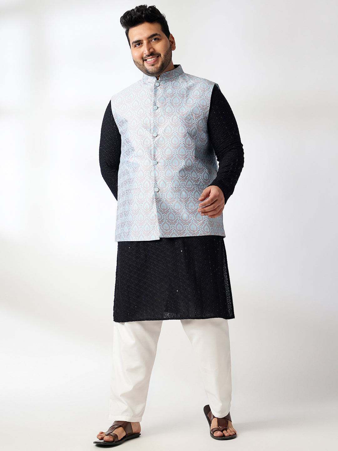 Men's Cotton Sequinned Black Kurta With White Pyjama & Blue Nehru Jacket