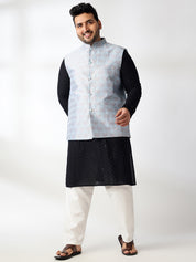 Men's Cotton Sequinned Black Kurta With White Pyjama & Blue Nehru Jacket