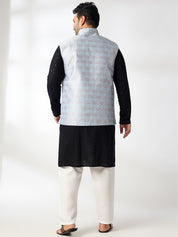 Men's Cotton Sequinned Black Kurta With White Pyjama & Blue Nehru Jacket