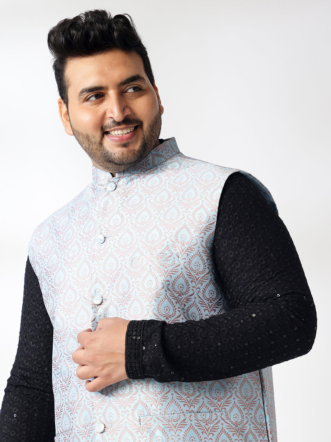 Men's Cotton Sequinned Black Kurta With White Pyjama & Blue Nehru Jacket