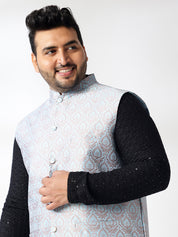 Men's Cotton Sequinned Black Kurta With White Pyjama & Blue Nehru Jacket