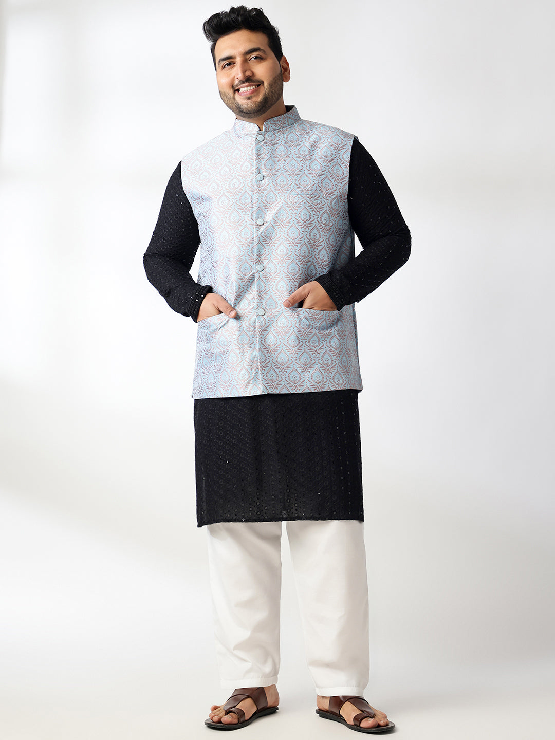 Men's Cotton Sequinned Black Kurta With White Pyjama & Blue Nehru Jacket