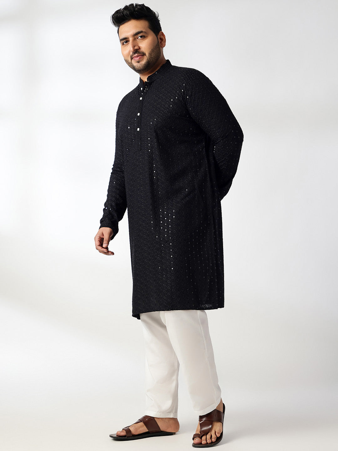 Men's Cotton Sequinned Black Kurta With White Pyjama & Blue Nehru Jacket