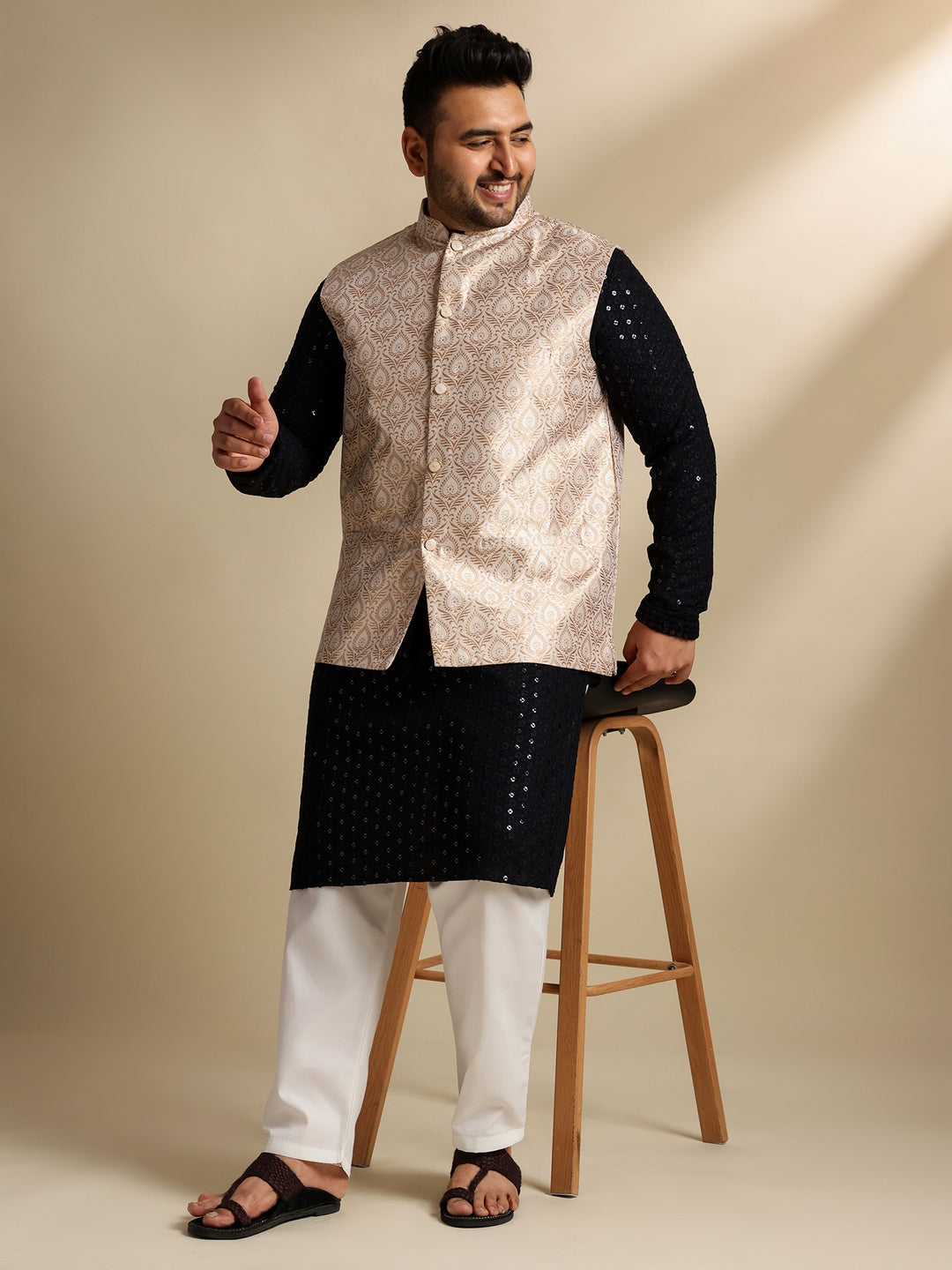 Sojanya Plus (Since 1958) Men's Cotton Sequinned Black Kurta With White Pyjama & Cream Nehru Jacket