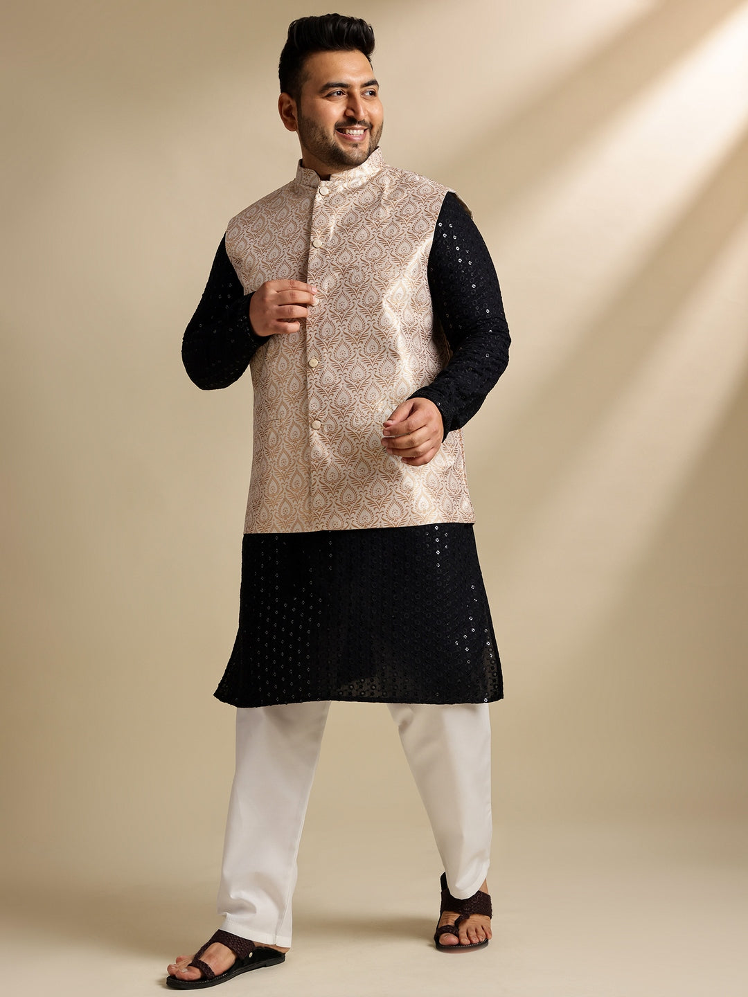 Sojanya Plus (Since 1958) Men's Cotton Sequinned Black Kurta With White Pyjama & Cream Nehru Jacket