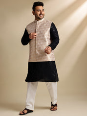 Sojanya Plus (Since 1958) Men's Cotton Sequinned Black Kurta With White Pyjama & Cream Nehru Jacket