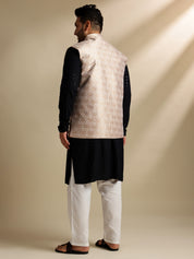 Sojanya Plus (Since 1958) Men's Cotton Sequinned Black Kurta With White Pyjama & Cream Nehru Jacket