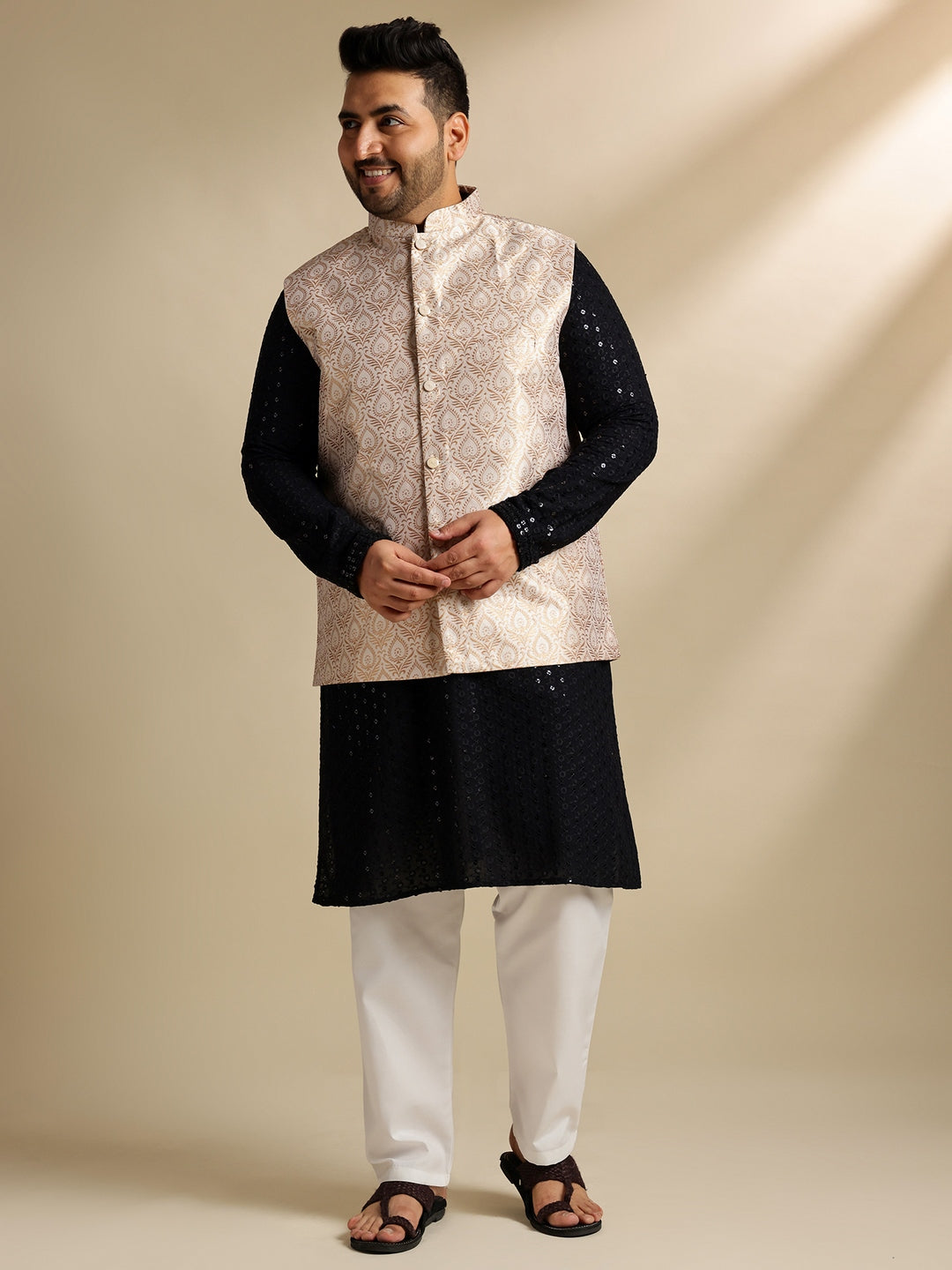 Sojanya Plus (Since 1958) Men's Cotton Sequinned Black Kurta With White Pyjama & Cream Nehru Jacket