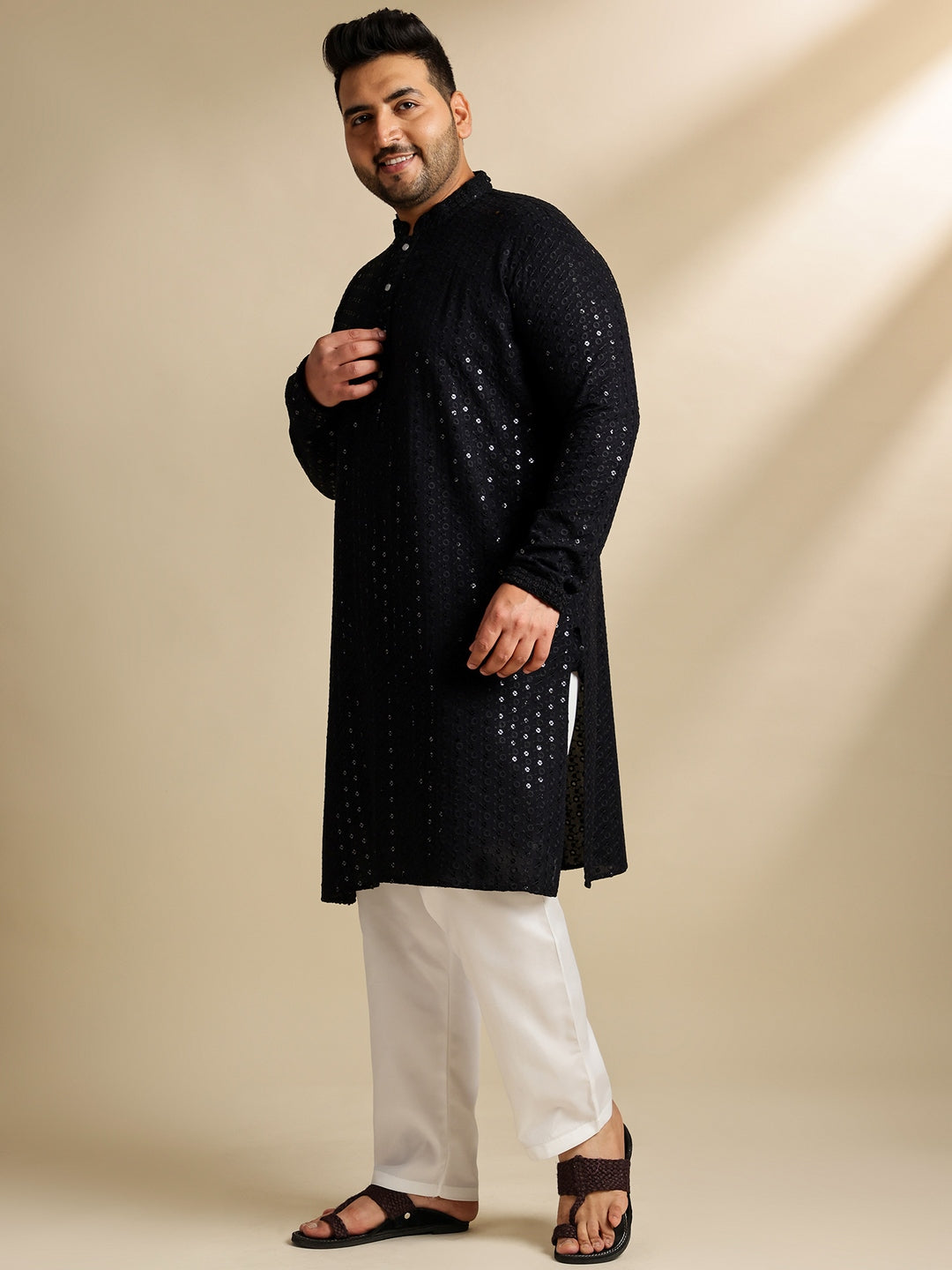 Sojanya Plus (Since 1958) Men's Cotton Sequinned Black Kurta With White Pyjama & Cream Nehru Jacket