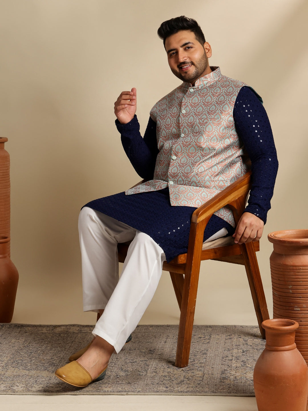 Sojanya Plus (Since 1958) Men's Cotton Sequinned Navy Kurta With White Pyjama & Green Nehru Jacket