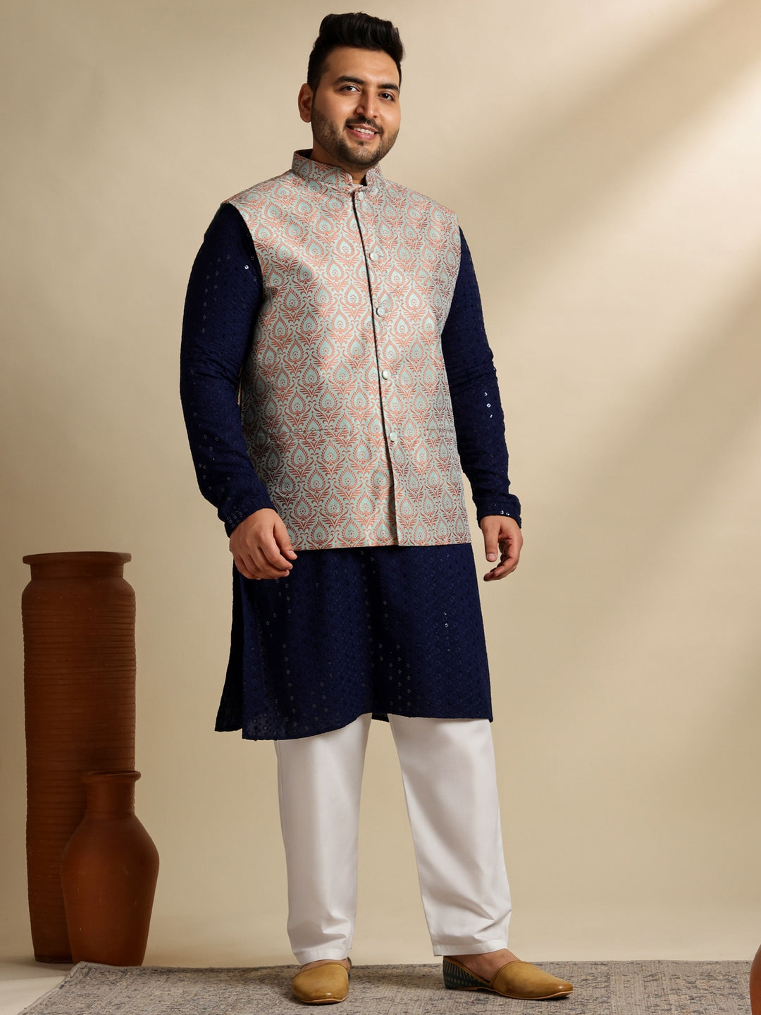 Sojanya Plus (Since 1958) Men's Cotton Sequinned Navy Kurta With White Pyjama & Green Nehru Jacket