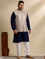 Sojanya Plus (Since 1958) Men's Cotton Sequinned Navy Kurta With White Pyjama & Green Nehru Jacket