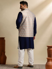 Sojanya Plus (Since 1958) Men's Cotton Sequinned Navy Kurta With White Pyjama & Green Nehru Jacket